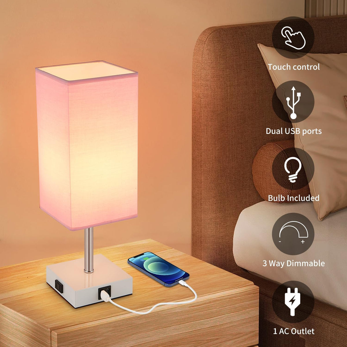 Touch Control Bedside Lamp - 3-Way Dimmable Table Lamps with USB C+A Port and Outlet, Nightstand Lamp for Bedroom Decor and Living Room,Pink