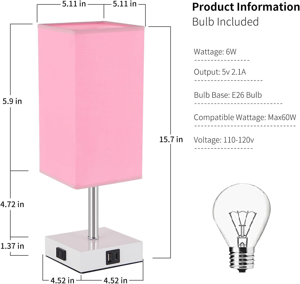 Touch Control Bedside Lamp - 3-Way Dimmable Table Lamps with USB C+A Port and Outlet, Nightstand Lamp for Bedroom Decor and Living Room,Pink