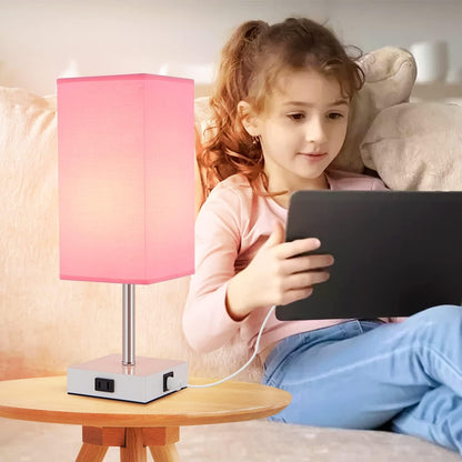 Touch Control Bedside Lamp - 3-Way Dimmable Table Lamps with USB C+A Port and Outlet, Nightstand Lamp for Bedroom Decor and Living Room,Pink