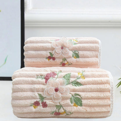 Embroidered Peony Flower Towel Set, Pink,2pc Coral Fleece Soft and Fluffy Absorbent Towels for Hotal,SPA and Bathroom(1 Bath Towel,1 Hand Towel)