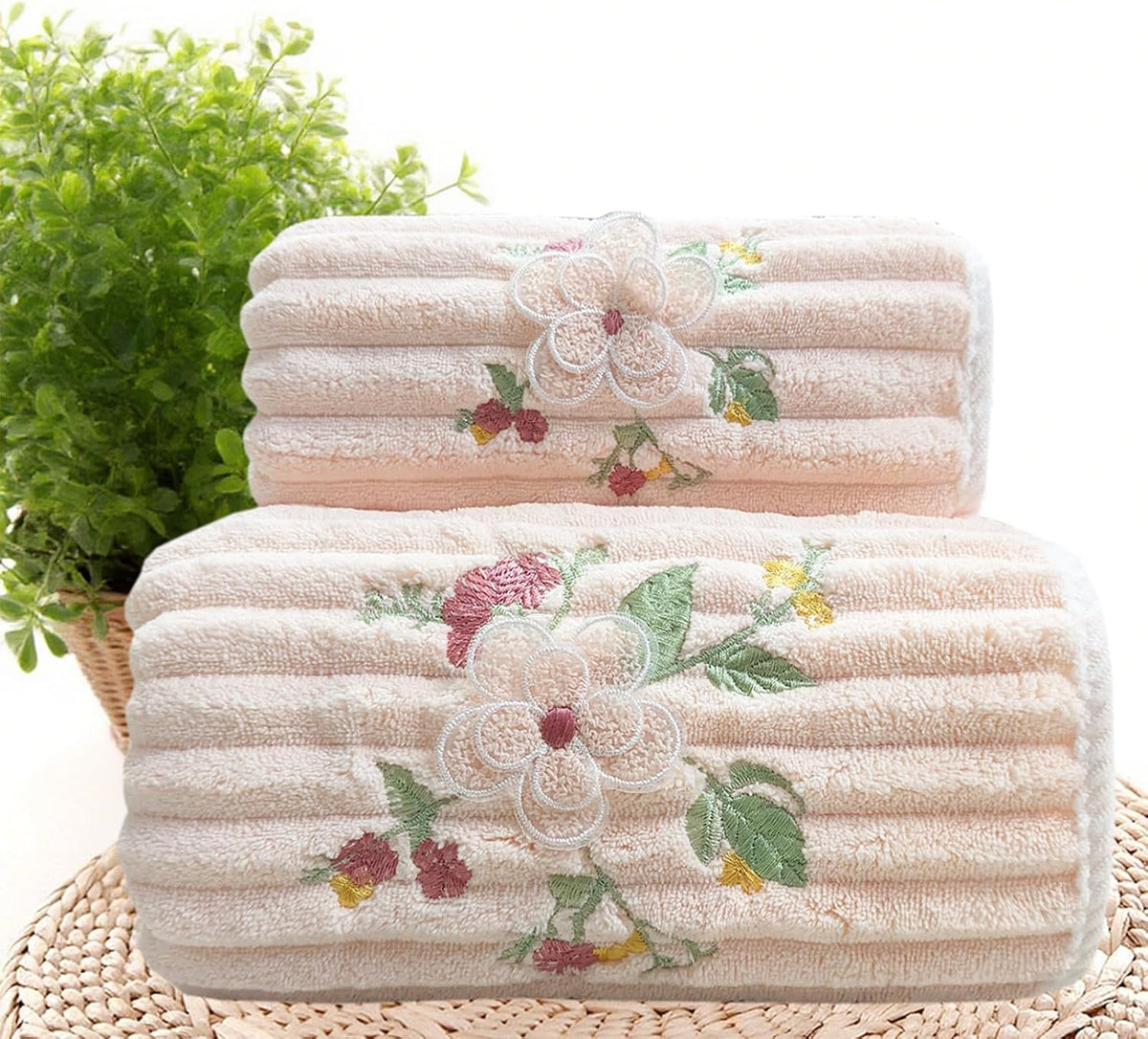 Embroidered Peony Flower Towel Set, Pink,2pc Coral Fleece Soft and Fluffy Absorbent Towels for Hotal,SPA and Bathroom(1 Bath Towel,1 Hand Towel)