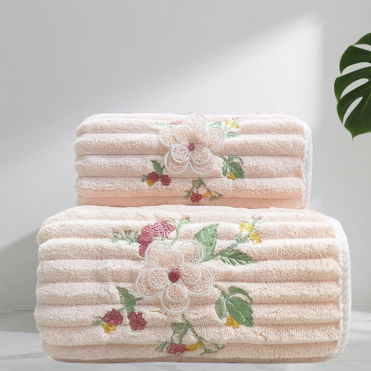 Embroidered Peony Flower Towel Set, Pink,2pc Coral Fleece Soft and Fluffy Absorbent Towels for Hotal,SPA and Bathroom(1 Bath Towel,1 Hand Towel)