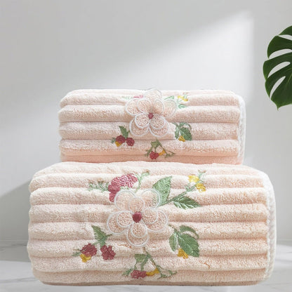 Embroidered Peony Flower Towel Set, Pink,2pc Coral Fleece Soft and Fluffy Absorbent Towels for Hotal,SPA and Bathroom(1 Bath Towel,1 Hand Towel)