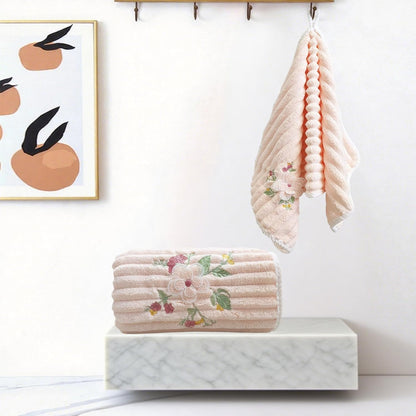Embroidered Peony Flower Towel Set, Pink,2pc Coral Fleece Soft and Fluffy Absorbent Towels for Hotal,SPA and Bathroom(1 Bath Towel,1 Hand Towel)