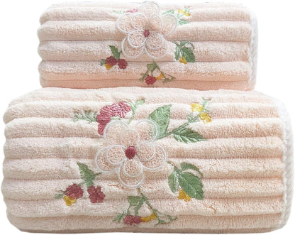 Embroidered Peony Flower Towel Set, Pink,2pc Coral Fleece Soft and Fluffy Absorbent Towels for Hotal,SPA and Bathroom(1 Bath Towel,1 Hand Towel)
