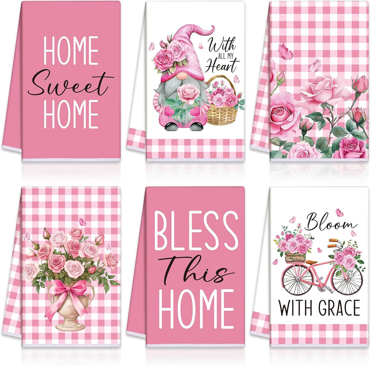 6 Pcs Pink Rose Kitchen Towel Set Funny Housewife Farmhouse Rustic Bath Hand Towel for Holiday Bathroom Gift, 24 x 16 Inches
