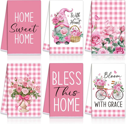 6 Pcs Pink Rose Kitchen Towel Set Funny Housewife Farmhouse Rustic Bath Hand Towel for Holiday Bathroom Gift, 24 x 16 Inches