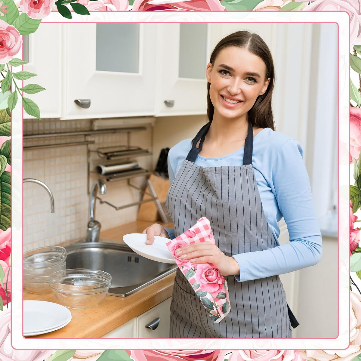 6 Pcs Pink Rose Kitchen Towel Set Funny Housewife Farmhouse Rustic Bath Hand Towel for Holiday Bathroom Gift, 24 x 16 Inches