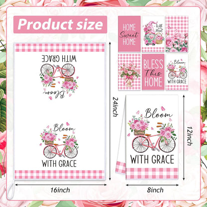 6 Pcs Pink Rose Kitchen Towel Set Funny Housewife Farmhouse Rustic Bath Hand Towel for Holiday Bathroom Gift, 24 x 16 Inches