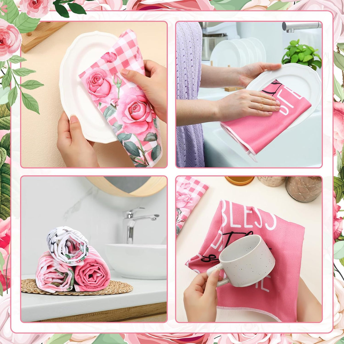 6 Pcs Pink Rose Kitchen Towel Set Funny Housewife Farmhouse Rustic Bath Hand Towel for Holiday Bathroom Gift, 24 x 16 Inches