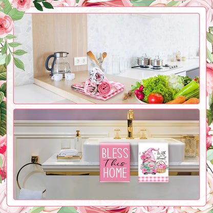 6 Pcs Pink Rose Kitchen Towel Set Funny Housewife Farmhouse Rustic Bath Hand Towel for Holiday Bathroom Gift, 24 x 16 Inches