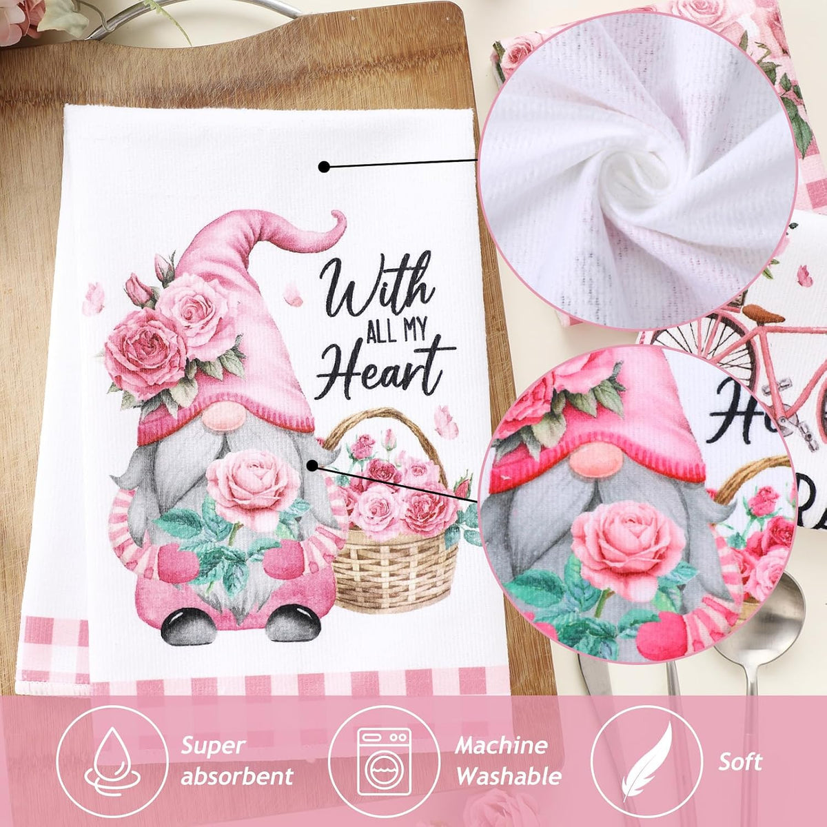 6 Pcs Pink Rose Kitchen Towel Set Funny Housewife Farmhouse Rustic Bath Hand Towel for Holiday Bathroom Gift, 24 x 16 Inches