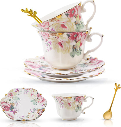 Country Roses Bone China Tea Cup and Saucer Set, 6 Pieces, Vintage Style, For Women and Tea Parties(Pink,2 Set)