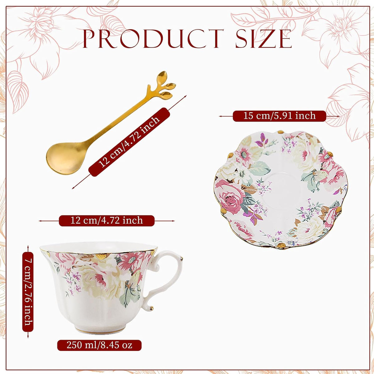 Country Roses Bone China Tea Cup and Saucer Set, 6 Pieces, Vintage Style, For Women and Tea Parties(Pink,2 Set)