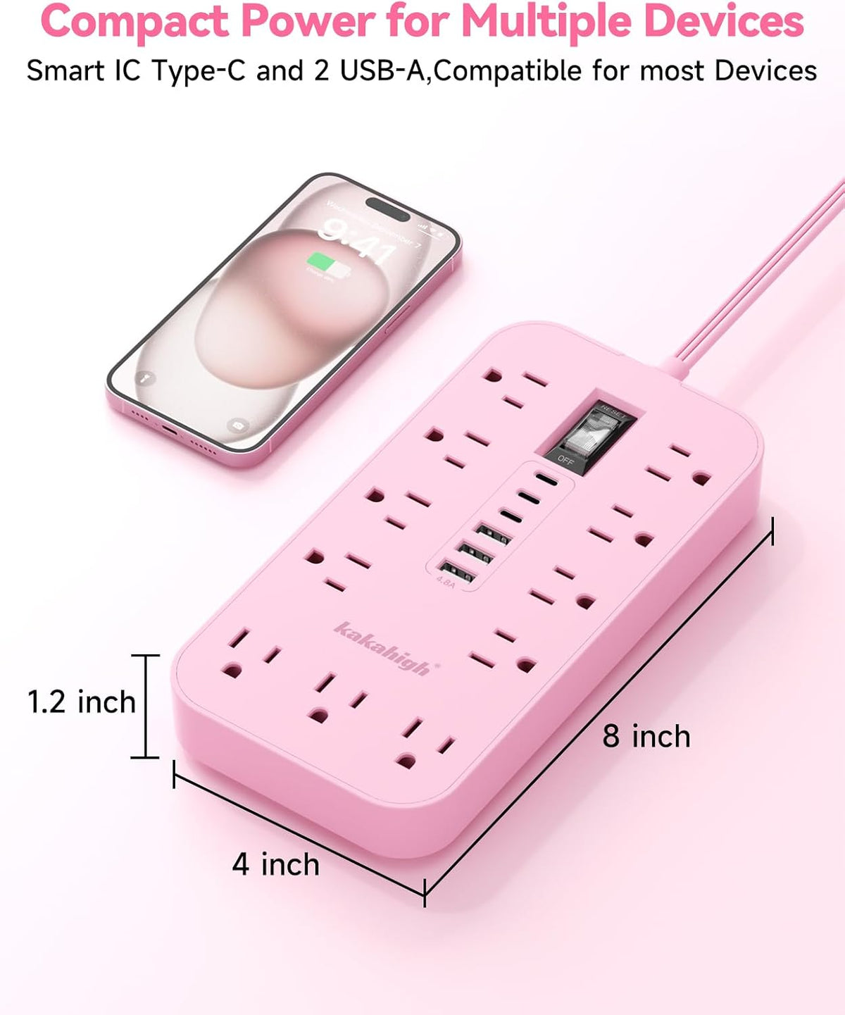 Pink Extension Cord with Multiple Outlets- 5 FT
