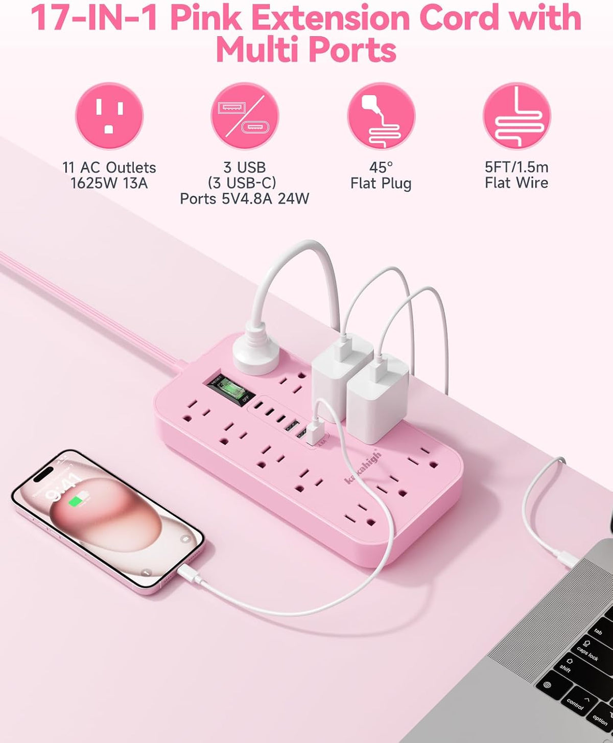 Pink Extension Cord with Multiple Outlets- 5 FT