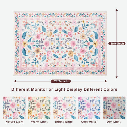 Terrug 5x7 Pink Floral Area Rug for Living Room,Boho Machine Washable Ultra-Thin Rugs with Non-Slip Blacking for Bedroom,Large Flower Carpet for Dining Room Playroom Floor Decor