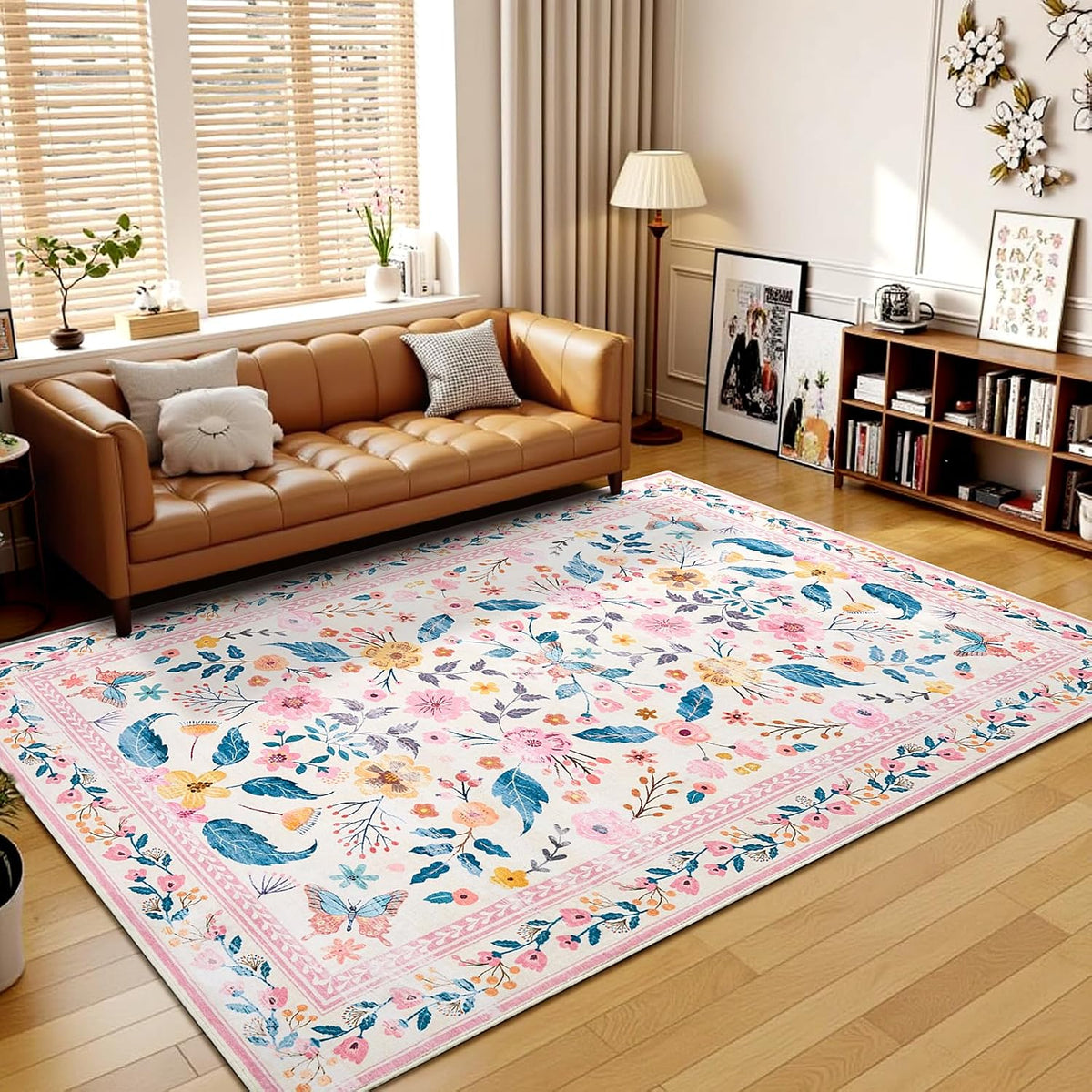 Terrug 5x7 Pink Floral Area Rug for Living Room,Boho Machine Washable Ultra-Thin Rugs with Non-Slip Blacking for Bedroom,Large Flower Carpet for Dining Room Playroom Floor Decor