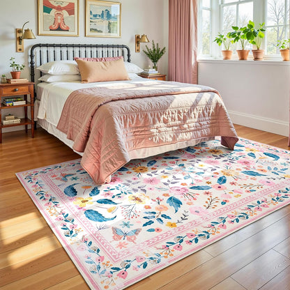 Terrug 5x7 Pink Floral Area Rug for Living Room,Boho Machine Washable Ultra-Thin Rugs with Non-Slip Blacking for Bedroom,Large Flower Carpet for Dining Room Playroom Floor Decor