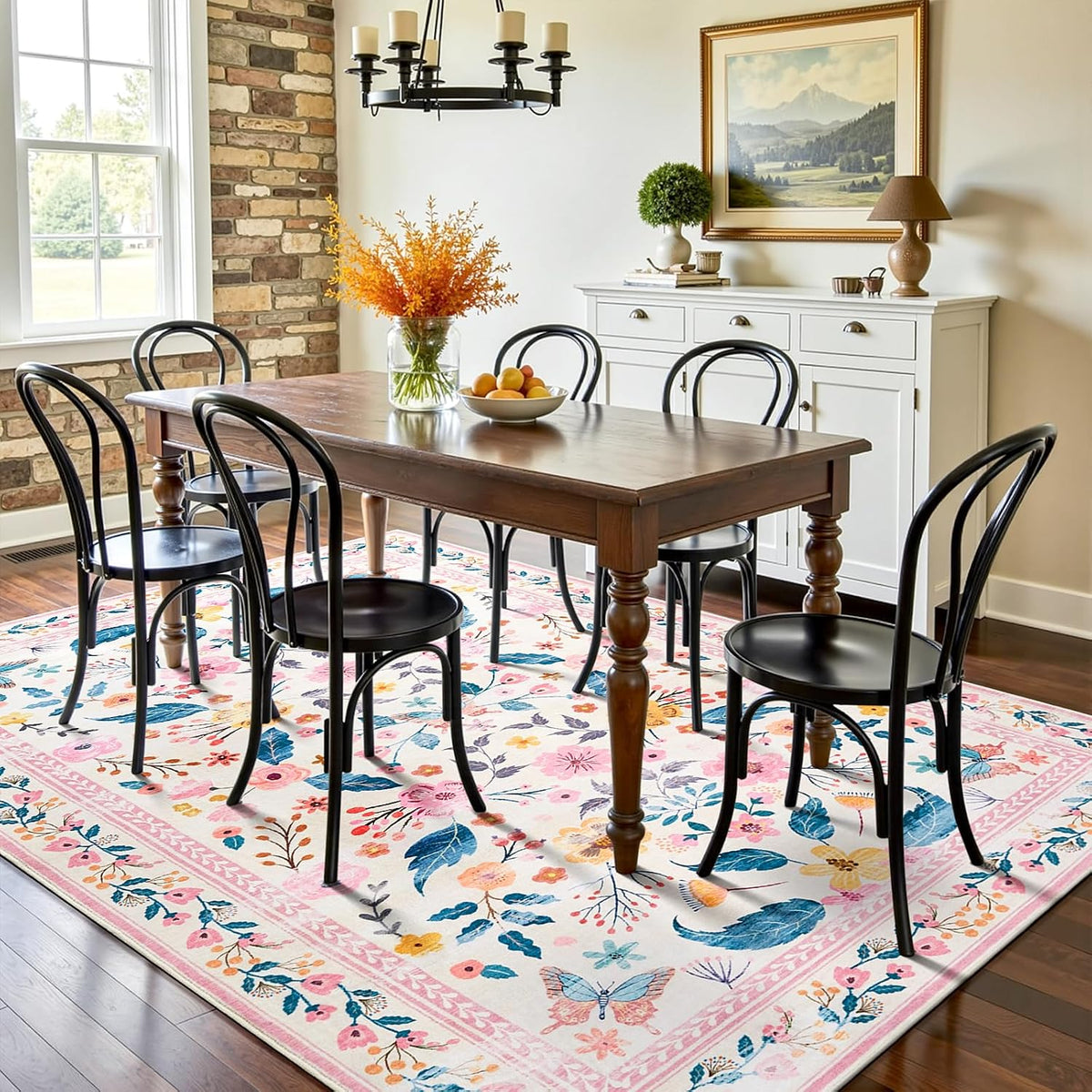 Terrug 5x7 Pink Floral Area Rug for Living Room,Boho Machine Washable Ultra-Thin Rugs with Non-Slip Blacking for Bedroom,Large Flower Carpet for Dining Room Playroom Floor Decor