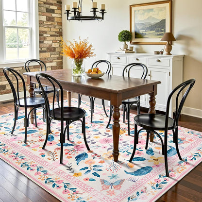 Terrug 5x7 Pink Floral Area Rug for Living Room,Boho Machine Washable Ultra-Thin Rugs with Non-Slip Blacking for Bedroom,Large Flower Carpet for Dining Room Playroom Floor Decor