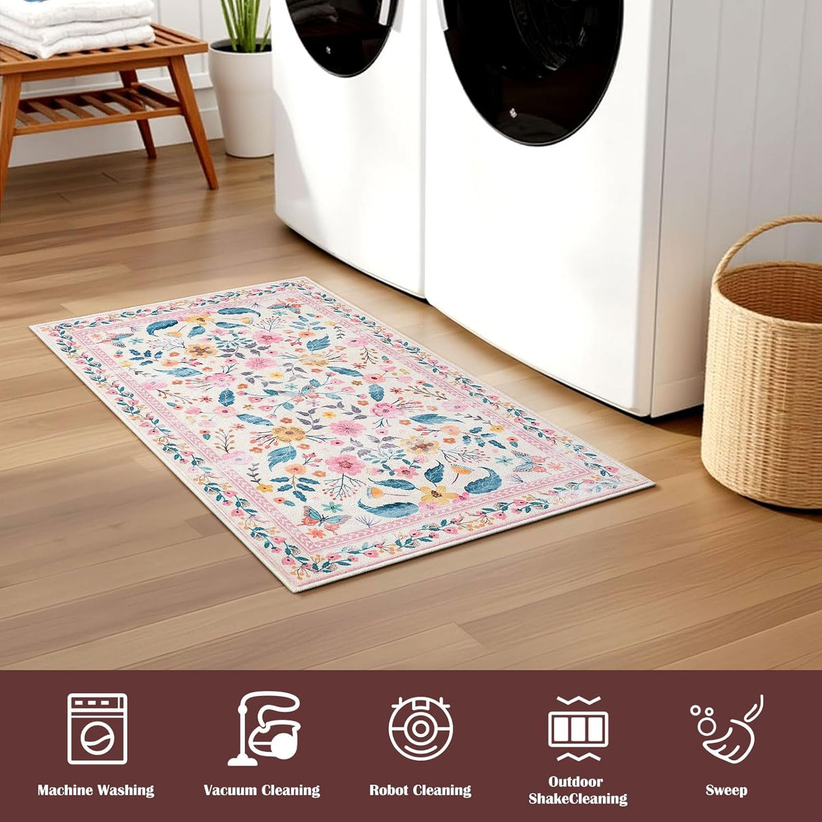 Terrug 5x7 Pink Floral Area Rug for Living Room,Boho Machine Washable Ultra-Thin Rugs with Non-Slip Blacking for Bedroom,Large Flower Carpet for Dining Room Playroom Floor Decor