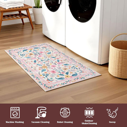 Terrug 5x7 Pink Floral Area Rug for Living Room,Boho Machine Washable Ultra-Thin Rugs with Non-Slip Blacking for Bedroom,Large Flower Carpet for Dining Room Playroom Floor Decor