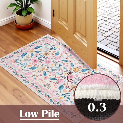 Terrug 5x7 Pink Floral Area Rug for Living Room,Boho Machine Washable Ultra-Thin Rugs with Non-Slip Blacking for Bedroom,Large Flower Carpet for Dining Room Playroom Floor Decor