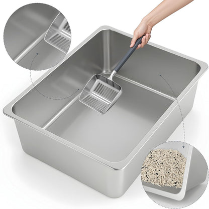 Kirecoo Stainless Steel Cat Litter Box - Metal High Sided Cat Pan, Large Stainless Steel Box, Indoor Litter Tray, Non Stick, No Smell, Easy to Clean, Pet Toilet Supplies for Kitten, Kitty, Rabbit