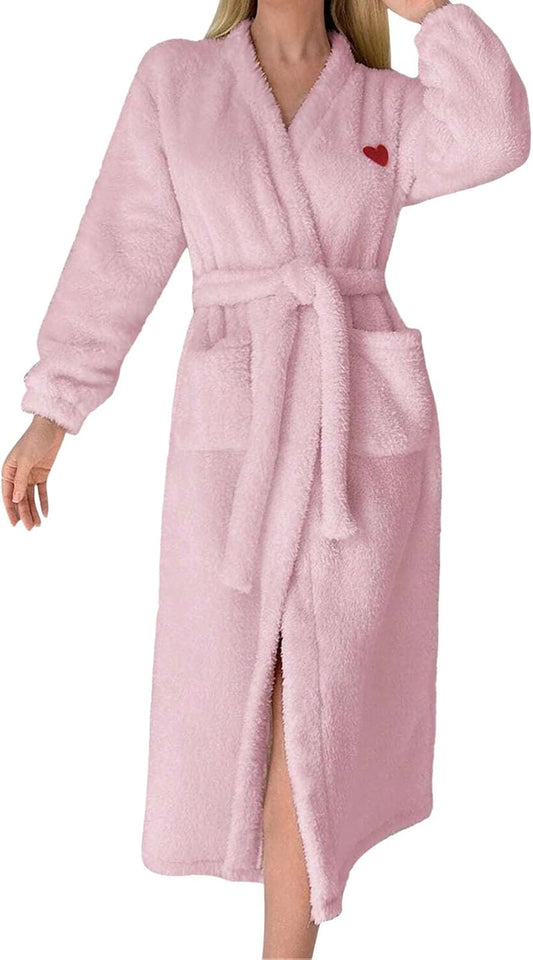 Women Robe Heart Print Fleece Plush Soft Fluffy Fuzzy Cozy Warm Bathrobe Shower Spa House Long Robes