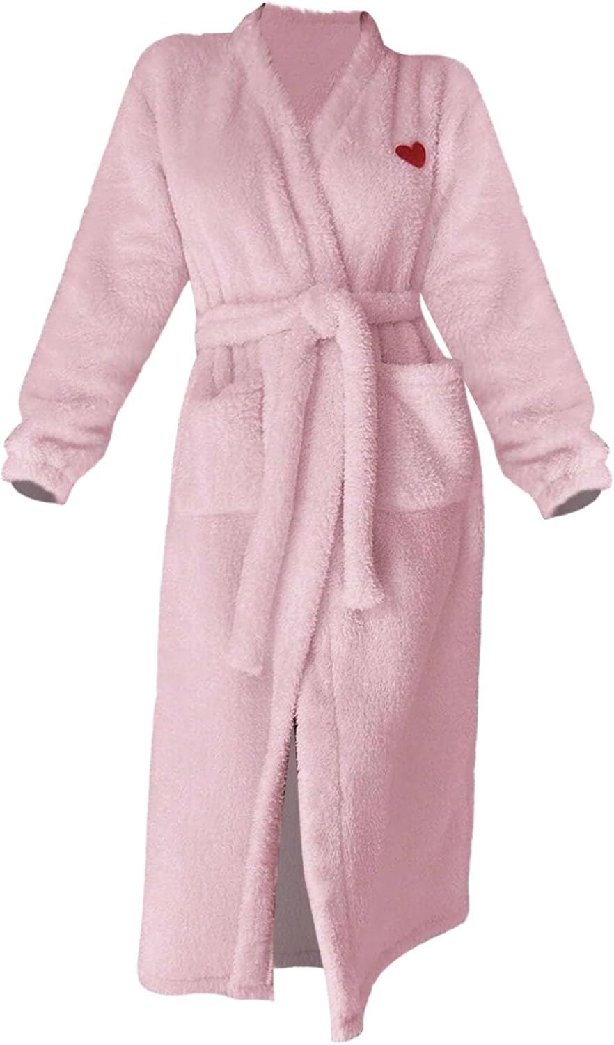 Women Robe Heart Print Fleece Plush Soft Fluffy Fuzzy Cozy Warm Bathrobe Shower Spa House Long Robes