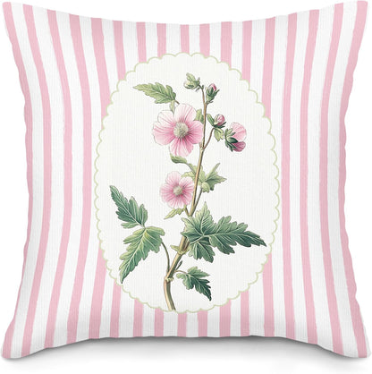 Coquette Pink Floral Throw Pillow Covers, Preppy Flower Pillow Case Cover for Sofa, Pink Wildflower Square Pillowcase, Grandmillennial Floral Cushion Cover Case for Girls Room, 18x18 Inch