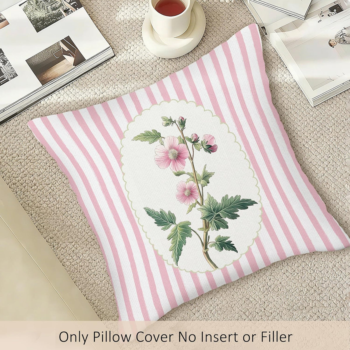 Coquette Pink Floral Throw Pillow Covers, Preppy Flower Pillow Case Cover for Sofa, Pink Wildflower Square Pillowcase, Grandmillennial Floral Cushion Cover Case for Girls Room, 18x18 Inch