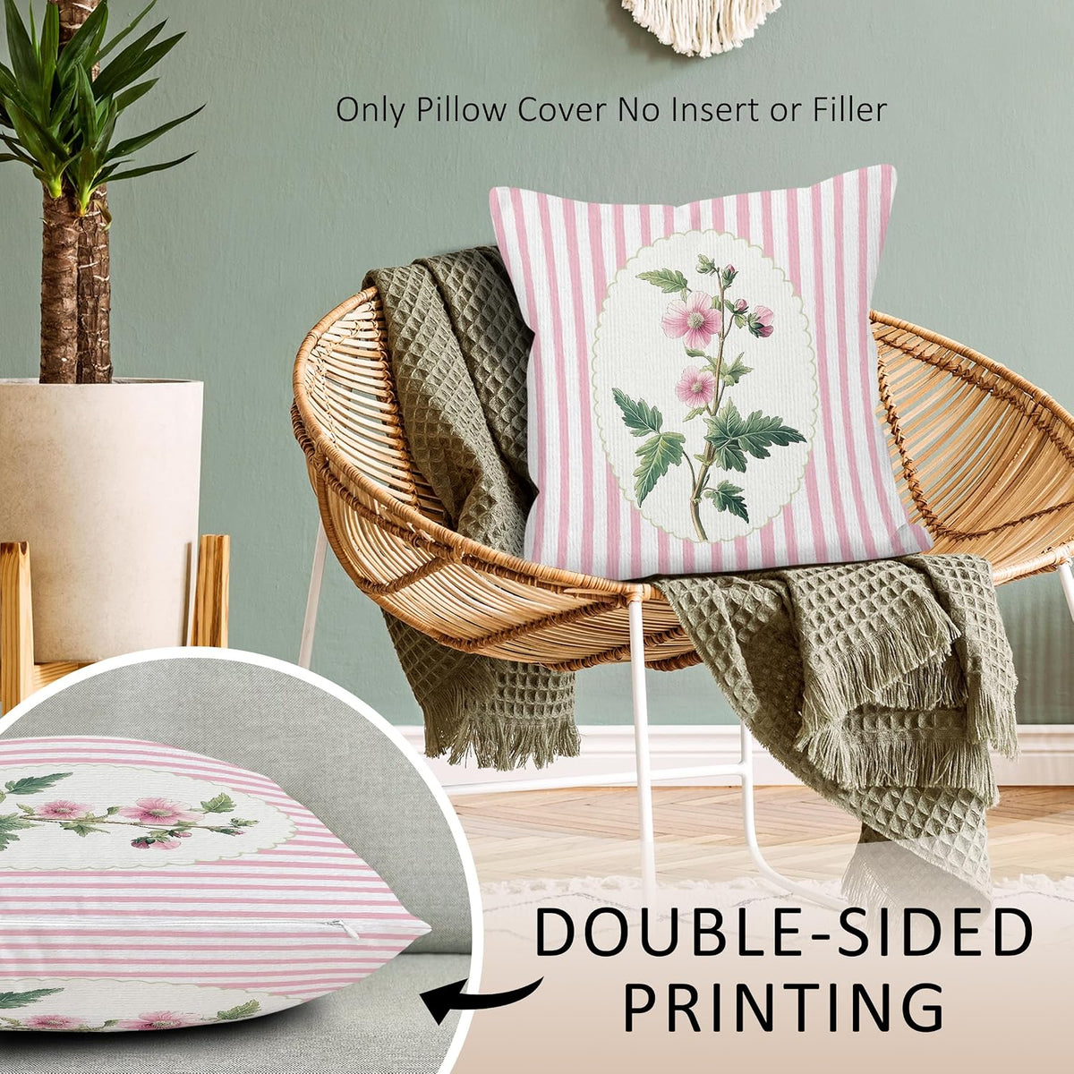Coquette Pink Floral Throw Pillow Covers, Preppy Flower Pillow Case Cover for Sofa, Pink Wildflower Square Pillowcase, Grandmillennial Floral Cushion Cover Case for Girls Room, 18x18 Inch