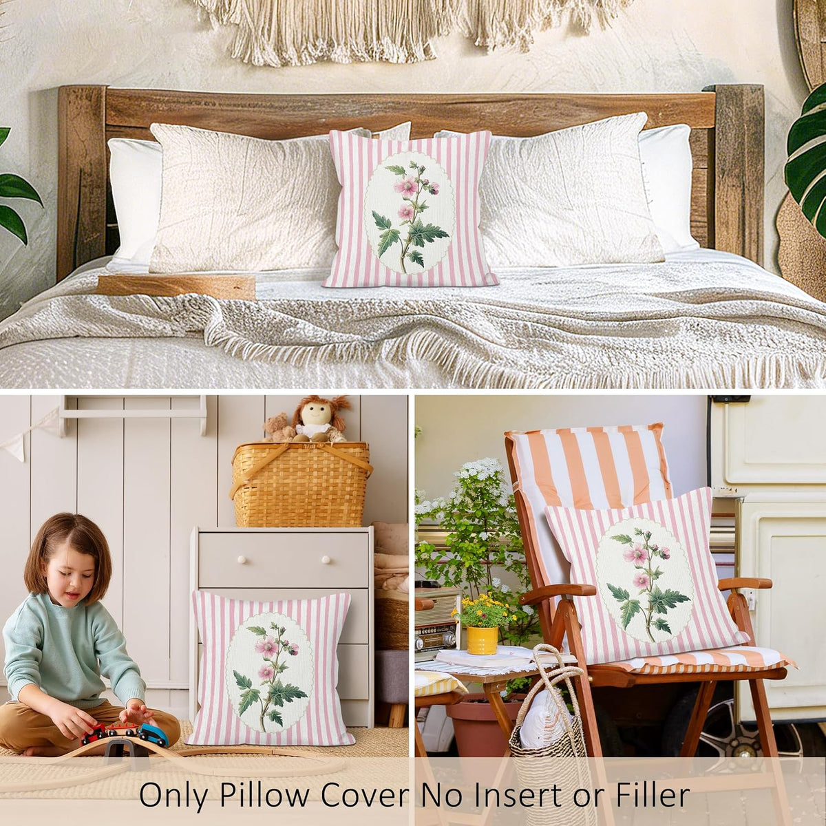Coquette Pink Floral Throw Pillow Covers, Preppy Flower Pillow Case Cover for Sofa, Pink Wildflower Square Pillowcase, Grandmillennial Floral Cushion Cover Case for Girls Room, 18x18 Inch