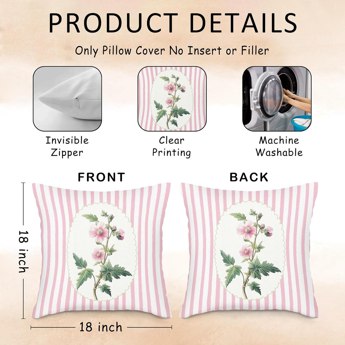 Coquette Pink Floral Throw Pillow Covers, Preppy Flower Pillow Case Cover for Sofa, Pink Wildflower Square Pillowcase, Grandmillennial Floral Cushion Cover Case for Girls Room, 18x18 Inch