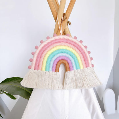 Large Macrame Rainbow Wall Hanging Decor Handmade Pom Pom Garland