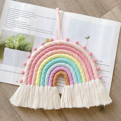 Large Macrame Rainbow Wall Hanging Decor Handmade Pom Pom Garland