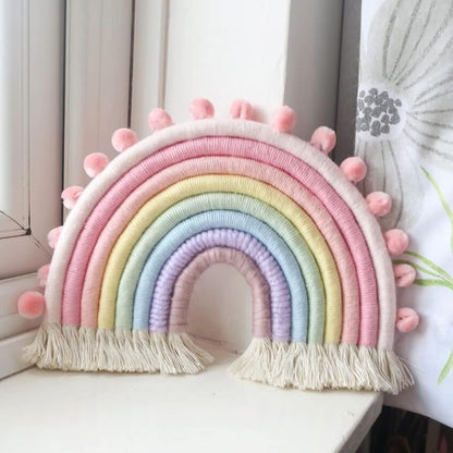Large Macrame Rainbow Wall Hanging Decor Handmade Pom Pom Garland