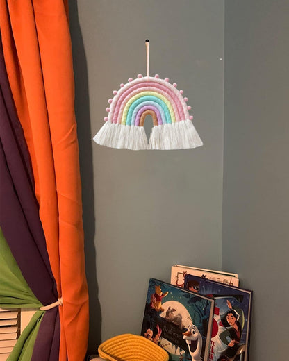 Large Macrame Rainbow Wall Hanging Decor Handmade Pom Pom Garland