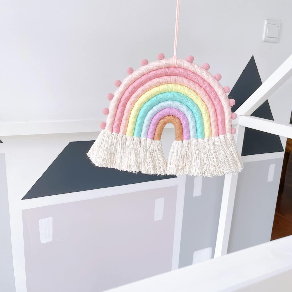 Large Macrame Rainbow Wall Hanging Decor Handmade Pom Pom Garland
