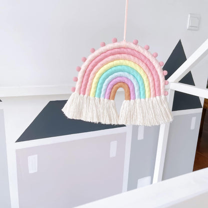 Large Macrame Rainbow Wall Hanging Decor Handmade Pom Pom Garland