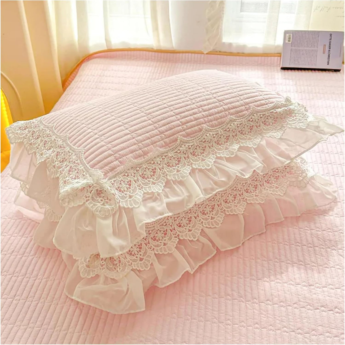100% Cotton Ruffle Pillow Case, Pack of 2 Lace Ruffled Pillow Covers, Soft Quilted Pillowcase Decorative Pillow Shams for Bed (Pink)