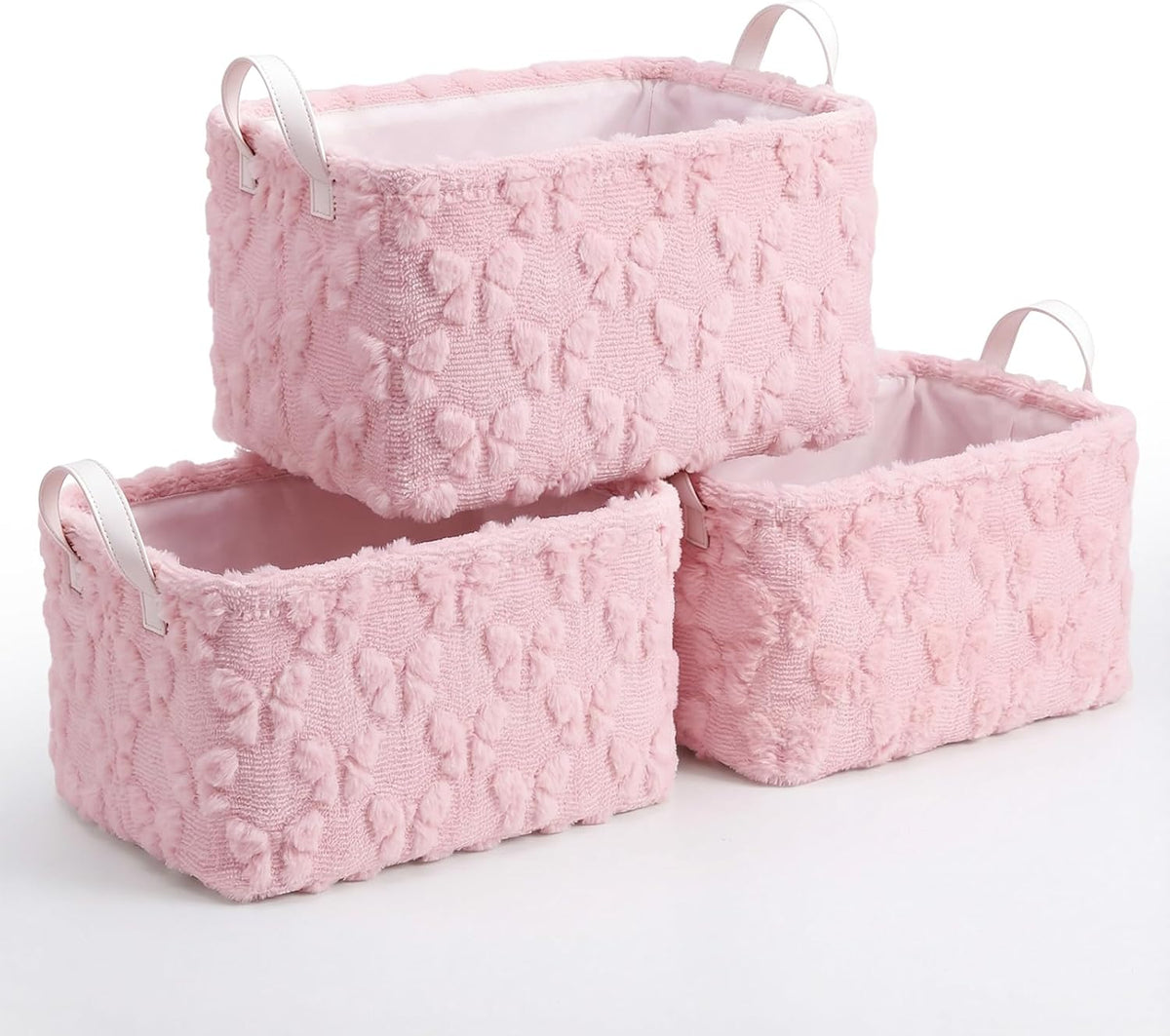 3 Pcs Bow Foldable Storage Baskets Pink Bow Plush Faux Fur Jacquard Design Laundry Basket with Handles Waterproof Storage Bins Fabric Shelf Baskets for Organizing Closet Clothes