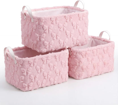 3 Pcs Bow Foldable Storage Baskets Pink Bow Plush Faux Fur Jacquard Design Laundry Basket with Handles Waterproof Storage Bins Fabric Shelf Baskets for Organizing Closet Clothes