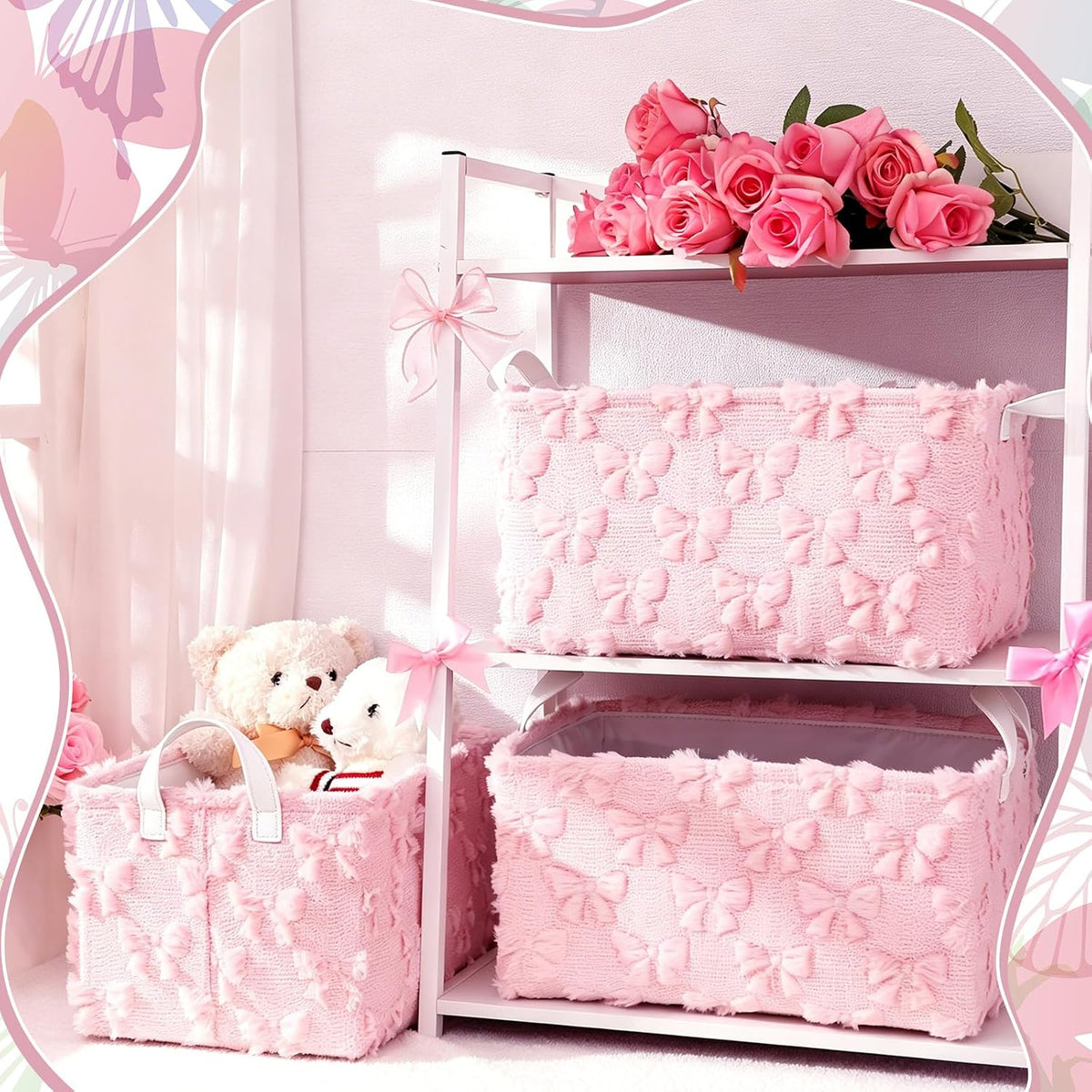3 Pcs Bow Foldable Storage Baskets Pink Bow Plush Faux Fur Jacquard Design Laundry Basket with Handles Waterproof Storage Bins Fabric Shelf Baskets for Organizing Closet Clothes