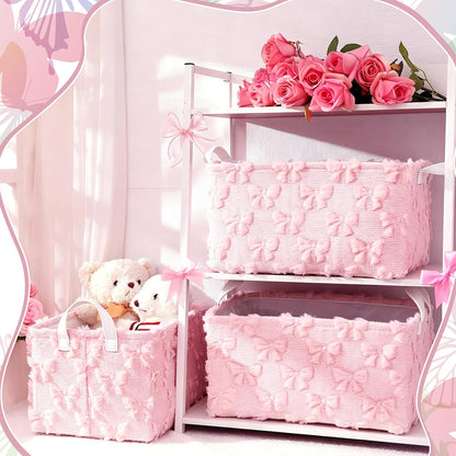 3 Pcs Bow Foldable Storage Baskets Pink Bow Plush Faux Fur Jacquard Design Laundry Basket with Handles Waterproof Storage Bins Fabric Shelf Baskets for Organizing Closet Clothes