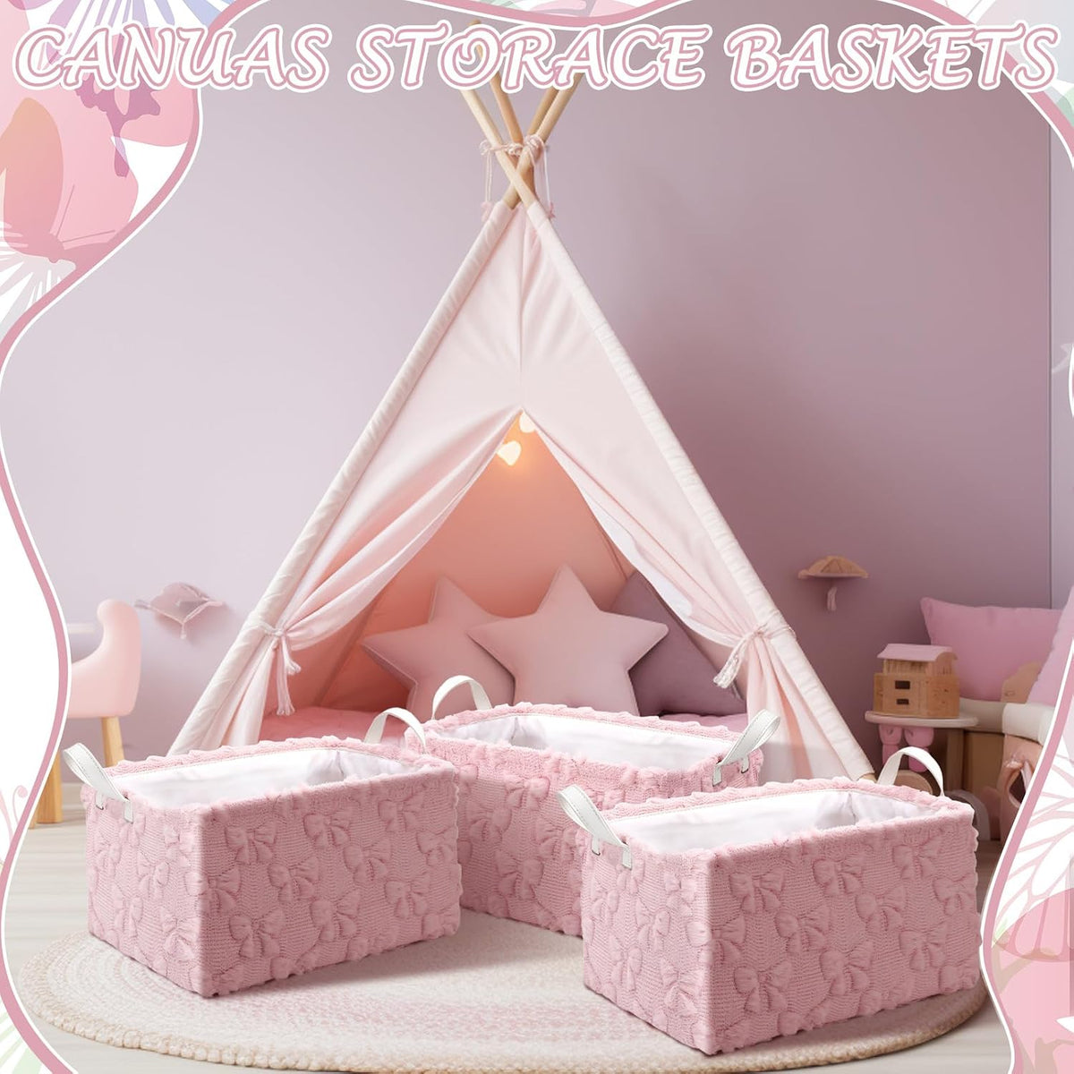 3 Pcs Bow Foldable Storage Baskets Pink Bow Plush Faux Fur Jacquard Design Laundry Basket with Handles Waterproof Storage Bins Fabric Shelf Baskets for Organizing Closet Clothes