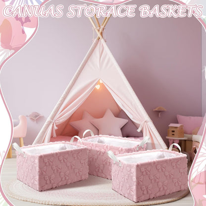 3 Pcs Bow Foldable Storage Baskets Pink Bow Plush Faux Fur Jacquard Design Laundry Basket with Handles Waterproof Storage Bins Fabric Shelf Baskets for Organizing Closet Clothes