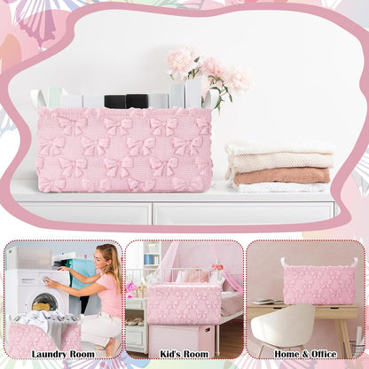 3 Pcs Bow Foldable Storage Baskets Pink Bow Plush Faux Fur Jacquard Design Laundry Basket with Handles Waterproof Storage Bins Fabric Shelf Baskets for Organizing Closet Clothes
